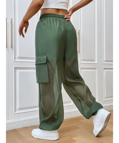 Women's Mesh Sheer Drawstring Waist Flap Pocket Streetwear Jogger Cargo Pants Green $19.94 Activewear