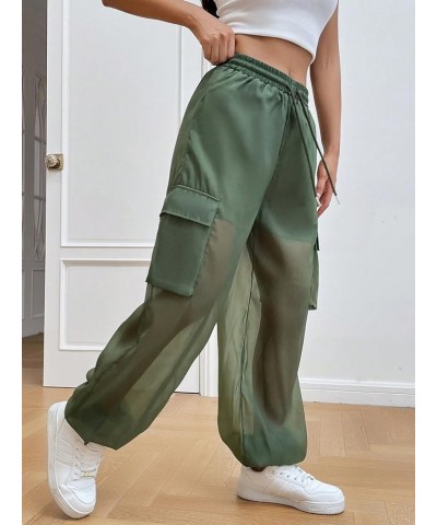 Women's Mesh Sheer Drawstring Waist Flap Pocket Streetwear Jogger Cargo Pants Green $19.94 Activewear