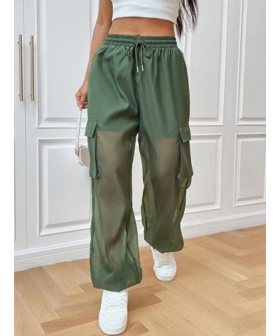 Women's Mesh Sheer Drawstring Waist Flap Pocket Streetwear Jogger Cargo Pants Green $19.94 Activewear