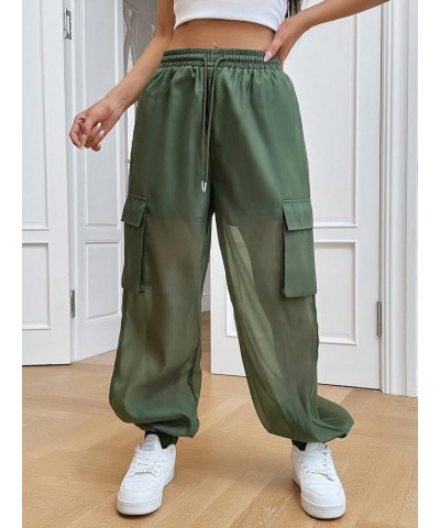 Women's Mesh Sheer Drawstring Waist Flap Pocket Streetwear Jogger Cargo Pants Green $19.94 Activewear