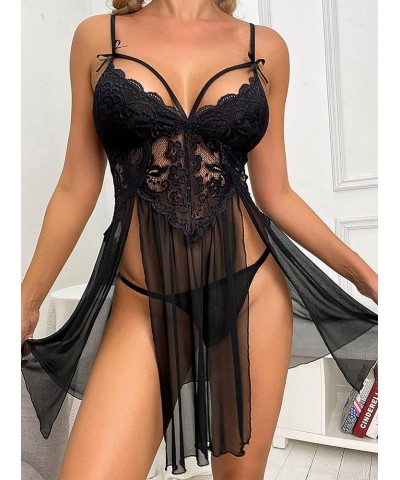 Women's Lace V Neck Lingerie Babydoll Sleeveless Nightwear Sexy Strap Chemise Sleepwear Black $7.50 Lingerie