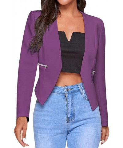 Womens Open Front Work Blazer Long Sleeve Office Jacket Solid Color Cardigans with Zipper Pockets Pockets Purple $12.00 Blazers