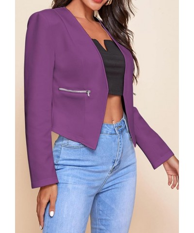 Womens Open Front Work Blazer Long Sleeve Office Jacket Solid Color Cardigans with Zipper Pockets Pockets Purple $12.00 Blazers