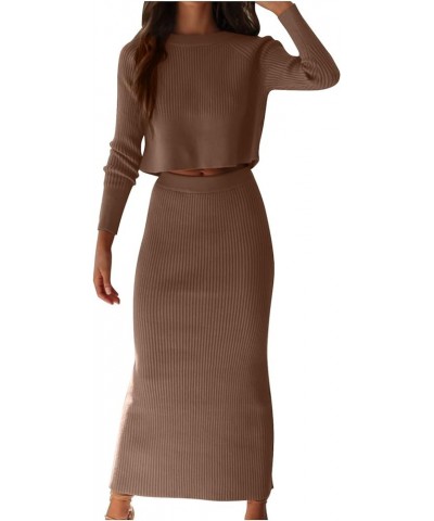 Skirt Sets Women 2 Piece Outfits Turtleneck Knitted Solid Pullover Sweater Stretchy High Waitst Midi Skirt Set S-3Xl 2 a Khak...