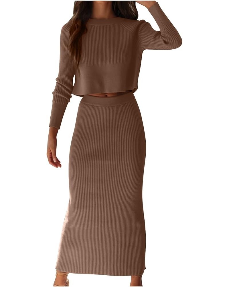 Skirt Sets Women 2 Piece Outfits Turtleneck Knitted Solid Pullover Sweater Stretchy High Waitst Midi Skirt Set S-3Xl 2 a Khak...