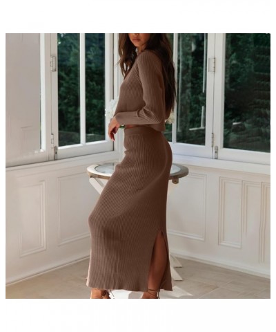 Skirt Sets Women 2 Piece Outfits Turtleneck Knitted Solid Pullover Sweater Stretchy High Waitst Midi Skirt Set S-3Xl 2 a Khak...