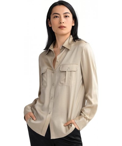 Womens Silk Shirt Ladies Sand-Wash 22MM Mulberry Silk Blouse with Military Uniform Design Apricot $85.00 Blouses