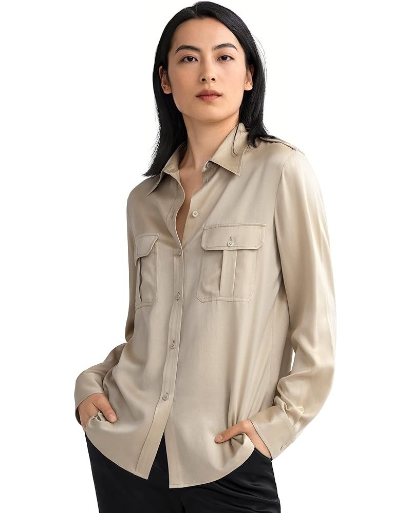 Womens Silk Shirt Ladies Sand-Wash 22MM Mulberry Silk Blouse with Military Uniform Design Apricot $85.00 Blouses