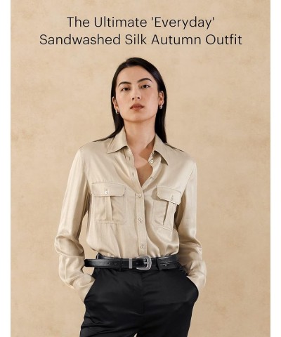 Womens Silk Shirt Ladies Sand-Wash 22MM Mulberry Silk Blouse with Military Uniform Design Apricot $85.00 Blouses