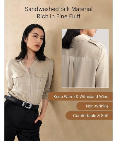 Womens Silk Shirt Ladies Sand-Wash 22MM Mulberry Silk Blouse with Military Uniform Design Apricot $85.00 Blouses