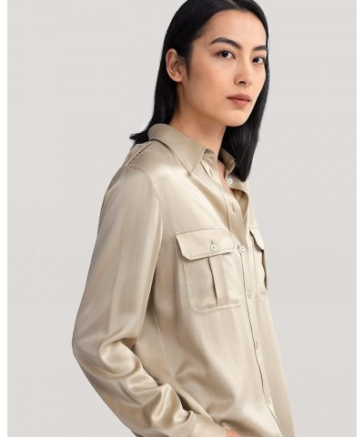 Womens Silk Shirt Ladies Sand-Wash 22MM Mulberry Silk Blouse with Military Uniform Design Apricot $85.00 Blouses