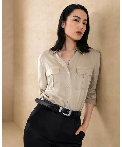 Womens Silk Shirt Ladies Sand-Wash 22MM Mulberry Silk Blouse with Military Uniform Design Apricot $85.00 Blouses