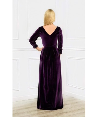 Women's Velvet Long Sleeve Bridesmaid Dresses Long V Neck High Slit Formal Evening Gowns with Pockets Brown $38.99 Dresses