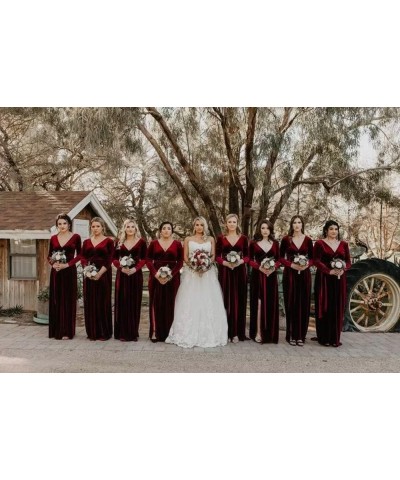 Women's Velvet Long Sleeve Bridesmaid Dresses Long V Neck High Slit Formal Evening Gowns with Pockets Brown $38.99 Dresses