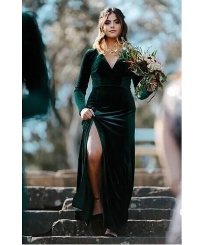 Women's Velvet Long Sleeve Bridesmaid Dresses Long V Neck High Slit Formal Evening Gowns with Pockets Brown $38.99 Dresses