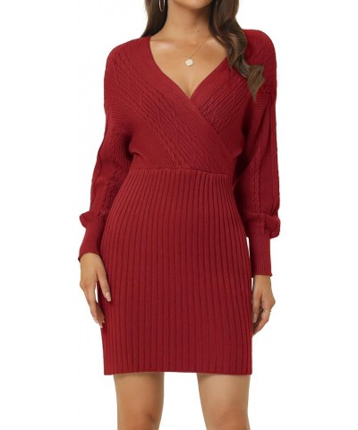 Women's 2023 Fall V Neck Sweater Dress Batwing Sleeve Cable Knit Chunky Bodycon Pullover Sweater Dresses Wine $21.99 Sweaters