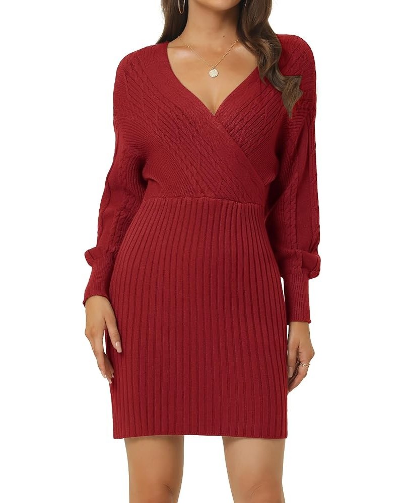 Women's 2023 Fall V Neck Sweater Dress Batwing Sleeve Cable Knit Chunky Bodycon Pullover Sweater Dresses Wine $21.99 Sweaters