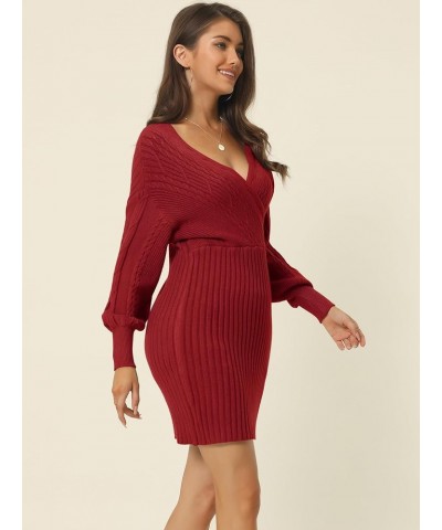 Women's 2023 Fall V Neck Sweater Dress Batwing Sleeve Cable Knit Chunky Bodycon Pullover Sweater Dresses Wine $21.99 Sweaters