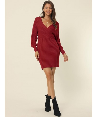 Women's 2023 Fall V Neck Sweater Dress Batwing Sleeve Cable Knit Chunky Bodycon Pullover Sweater Dresses Wine $21.99 Sweaters