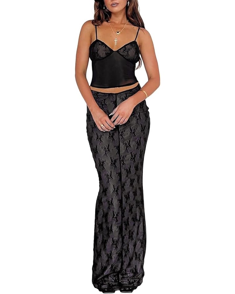 Womens Sexy 2 Piece Midi Dress Outfits,y2k Summer Mesh Strapless Crop Tank top &Bodycon Long Skirts Set A-black Lace $10.19 S...