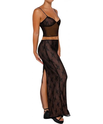 Womens Sexy 2 Piece Midi Dress Outfits,y2k Summer Mesh Strapless Crop Tank top &Bodycon Long Skirts Set A-black Lace $10.19 S...