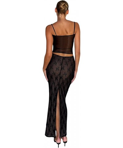 Womens Sexy 2 Piece Midi Dress Outfits,y2k Summer Mesh Strapless Crop Tank top &Bodycon Long Skirts Set A-black Lace $10.19 S...