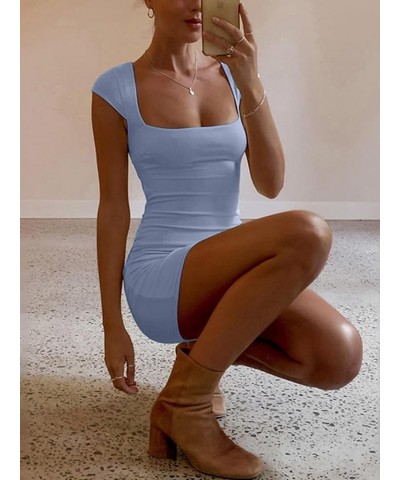 Women's Bodycon Mini Dress Sexy Summer Short Sleeve Square Neck Short Dresses Navy Blue $20.05 Dresses