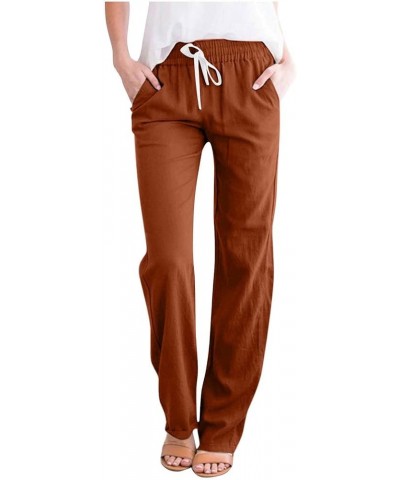 Linen Pants Women Summer Straight Leg Casual Pants Drawstring Elastic High Waist Loose Comfy Trousers with Pockets 07 Coffee ...