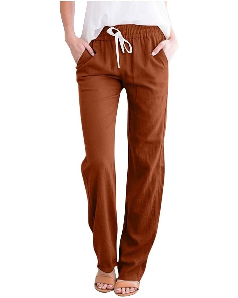 Linen Pants Women Summer Straight Leg Casual Pants Drawstring Elastic High Waist Loose Comfy Trousers with Pockets 07 Coffee ...