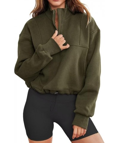 Womens Long Sleeve Mock Neck Crop Top 1/2 Zip Pullover Sweatshirt Lightweight Casual Top Army Green $14.96 Activewear