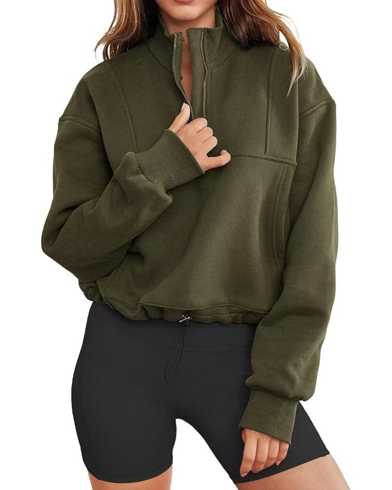 Womens Long Sleeve Mock Neck Crop Top 1/2 Zip Pullover Sweatshirt Lightweight Casual Top Army Green $14.96 Activewear