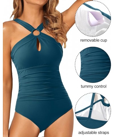 High Neck One Piece Swimsuit for Women Tummy Control Bathing Suit Criss Cross with O-Ring Cutout Swimwear Turquoise $15.20 Sw...