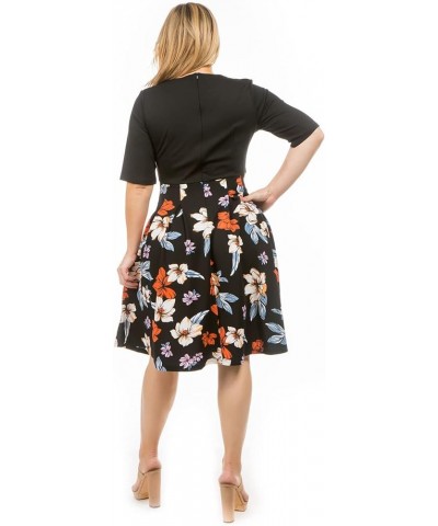 Plus Size Dresses for Women Fit and Flare Floral Print Casual Fall Crew Neck Skater Midi Dress with Pocket Black $16.73 Dresses