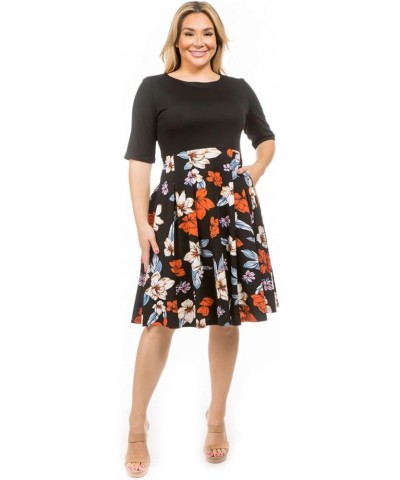 Plus Size Dresses for Women Fit and Flare Floral Print Casual Fall Crew Neck Skater Midi Dress with Pocket Black $16.73 Dresses