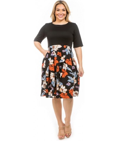 Plus Size Dresses for Women Fit and Flare Floral Print Casual Fall Crew Neck Skater Midi Dress with Pocket Black $16.73 Dresses