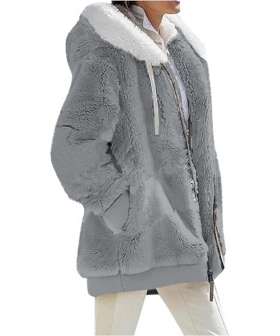 Womens Sherpa Coat 2023 Winter Fuzzy Fleece Jacket Hooded Color Block Patchwork Cardigan Coats Outerwear with Pockets 06-gray...