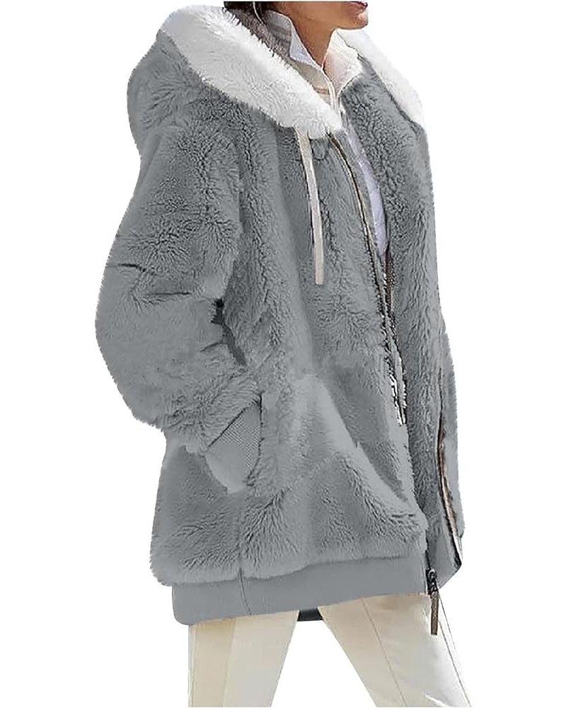 Womens Sherpa Coat 2023 Winter Fuzzy Fleece Jacket Hooded Color Block Patchwork Cardigan Coats Outerwear with Pockets 06-gray...