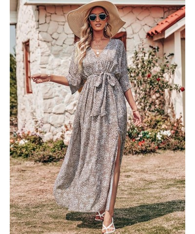 Women’s Summer Loose Kimono Maxi Dress Wrap V Neck 3/4 Sleeve Floral Print Slit Long Dresses Conch $19.00 Dresses