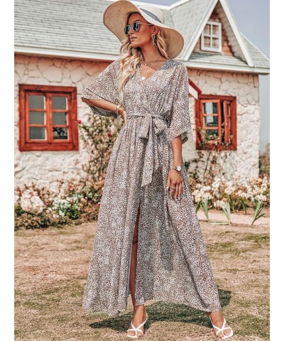 Women’s Summer Loose Kimono Maxi Dress Wrap V Neck 3/4 Sleeve Floral Print Slit Long Dresses Conch $19.00 Dresses