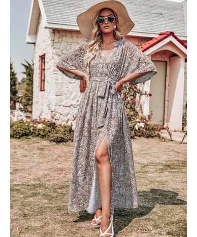 Women’s Summer Loose Kimono Maxi Dress Wrap V Neck 3/4 Sleeve Floral Print Slit Long Dresses Conch $19.00 Dresses