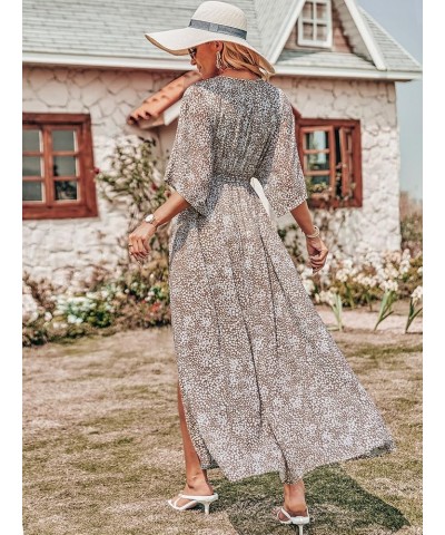 Women’s Summer Loose Kimono Maxi Dress Wrap V Neck 3/4 Sleeve Floral Print Slit Long Dresses Conch $19.00 Dresses