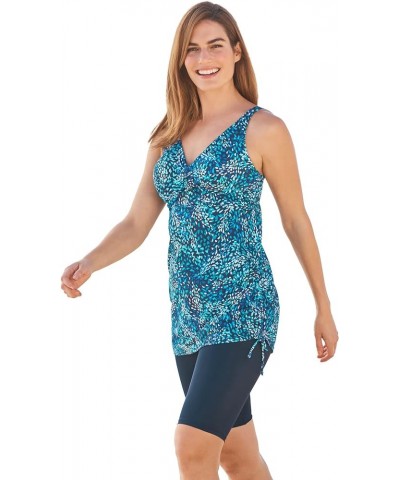 Women's Plus Size Longer-Length Side-Tie Tankini Top Blue Swirl Dot $28.97 Swimsuits