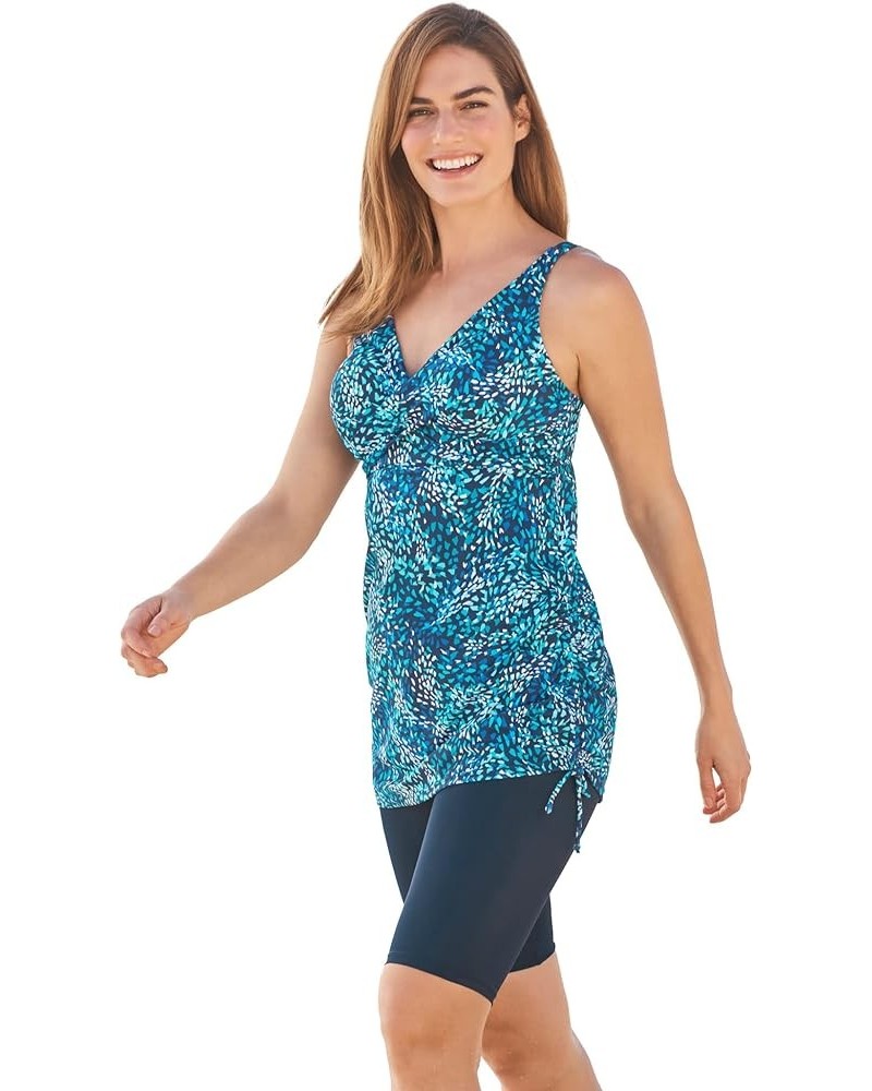 Women's Plus Size Longer-Length Side-Tie Tankini Top Blue Swirl Dot $28.97 Swimsuits