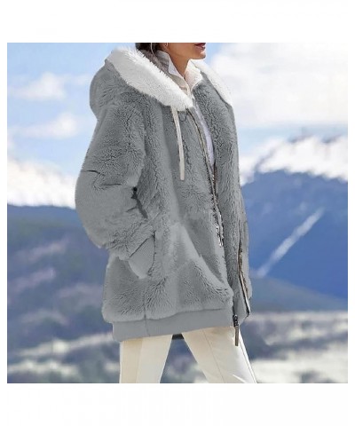 Womens Sherpa Coat 2023 Winter Fuzzy Fleece Jacket Hooded Color Block Patchwork Cardigan Coats Outerwear with Pockets 06-gray...