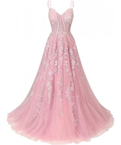 Tulle Lace Applique Prom Dresses Long for Women 2024 Spaghetti Straps A-Line Evening Cocktail Party Dresses YO035 Pink $45.00...