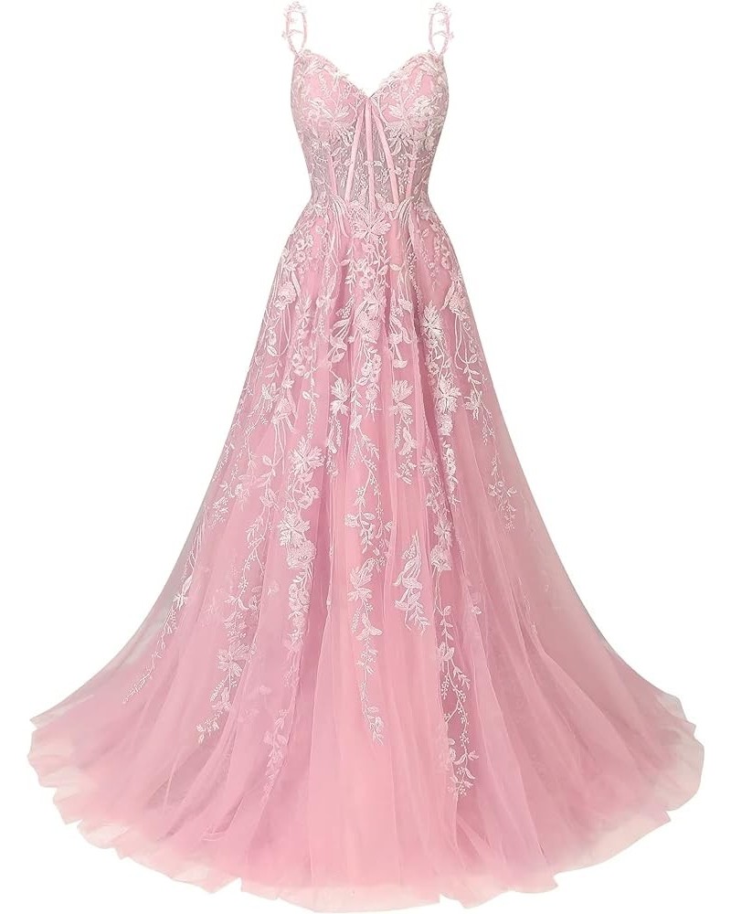 Tulle Lace Applique Prom Dresses Long for Women 2024 Spaghetti Straps A-Line Evening Cocktail Party Dresses YO035 Pink $45.00...