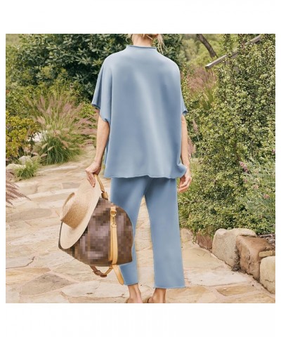 Women's Two Piece Outfits 3/4 Batwing Sleeve Capelet Crew Neck Pullover Top Wide Leg Pants Lounge Set Blue $29.06 Activewear