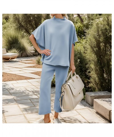 Women's Two Piece Outfits 3/4 Batwing Sleeve Capelet Crew Neck Pullover Top Wide Leg Pants Lounge Set Blue $29.06 Activewear