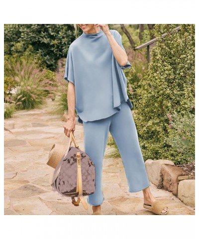 Women's Two Piece Outfits 3/4 Batwing Sleeve Capelet Crew Neck Pullover Top Wide Leg Pants Lounge Set Blue $29.06 Activewear