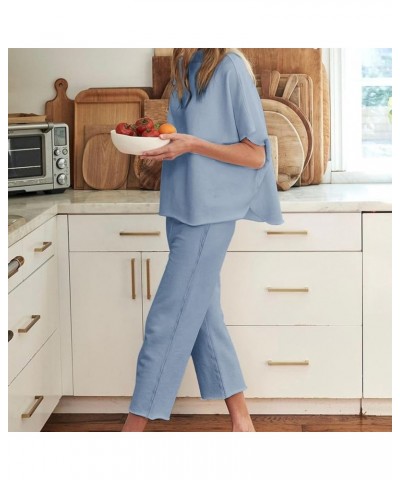 Women's Two Piece Outfits 3/4 Batwing Sleeve Capelet Crew Neck Pullover Top Wide Leg Pants Lounge Set Blue $29.06 Activewear